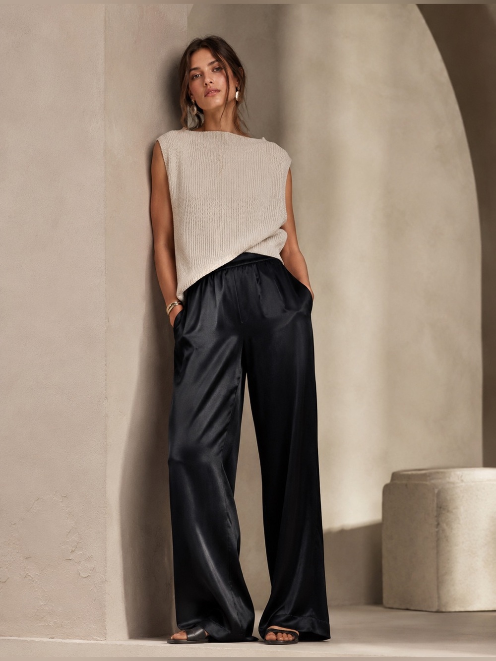 Anthropologie Black Satin Pull-On Wide Leg Pants New MSRP 128 Medium